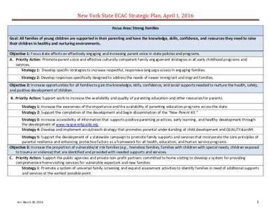 New York State ECAC Strategic Plan, April 1, 2016 Focus Area: Strong Families Goal: All families of young children are supported in their parenting and have the knowledge, skills, confidence, and resources they need to r