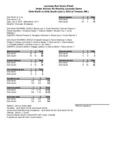 Lacrosse Box Score (Final) Under Armour All-America Lacrosse Game Girls North vs Girls South (July 3, 2015 at Towson, Md.) Girls Northvs. Girls SouthDate: July 3, 2015 • Attendance: 3711