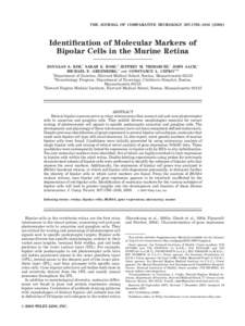 THE JOURNAL OF COMPARATIVE NEUROLOGY 507:1795–Identiﬁcation of Molecular Markers of Bipolar Cells in the Murine Retina DOUGLAS S. KIM,1 SARAH E. ROSS,2 JEFFREY M. TRIMARCHI,1 JOHN AACH,1 MICHAEL E. GREEN