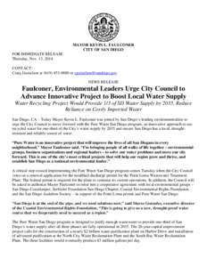 MAYOR KEVIN L. FAULCONER CITY OF SAN DIEGO FOR IMMEDIATE RELEASE Thursday, Nov. 13, 2014 CONTACT: Craig Gustafson at[removed]or [removed]