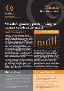 Manila Hotel Market Update November 2013 Manila’s gaming push aiming to induce tourism demand