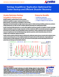 A R YA K A P E R F O R M A N C E B R I E F  NetApp SnapMirror Replication Optimized for Faster Backup and Efficient Disaster Recovery Aryaka Optimizes NetApp SnapMirror Performance