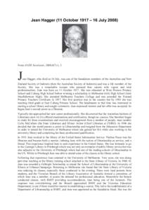 Jean Hagger (11 October 1917 – 16 July[removed]From AZSI ewsletter, 2008;4(7):1, 3. J