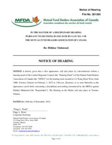 Notice of Hearing[removed]Re: Iftikhar Mahmood