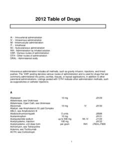 2012 Table of Drugs  IA - Intra-arterial administration IV - Intravenous administration IM - Intramuscular administration IT - Intrathecal