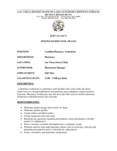 JOB VACANCY POSTEDUNTIL FILLED POSITION:  Certified Pharmacy Technician
