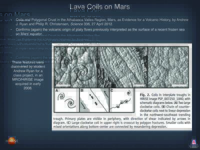 Lava Coils on Mars • Coils and Polygonal Crust in the Athabasca Valles Region, Mars, as Evidence for a Volcanic History, by Andrew J. Ryan and Philip R. Christensen, Science 336, 27 April 2012.