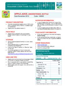 APPLE JUICE, UNSWEETENED, BOTTLE Date:November 2012 Code: [removed]NUTRITION INFORMATION