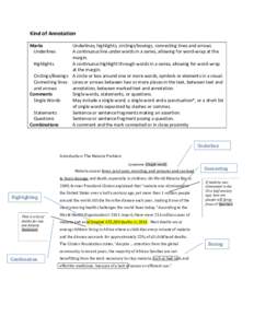 Kind of Annotation Marks Underlines Underlines, highlights, circlings/boxings, connecting lines and arrows A continuous line under words in a series, allowing for word-wrap at the