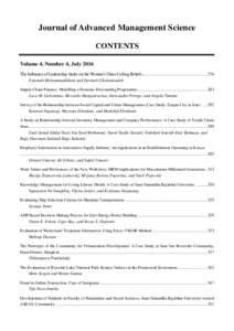 Journal of Advanced Management Science CONTENTS Volume 4, Number 4, July 2016 The Influence of Leadership Styles on the Women’s Glass Ceiling Beliefs ............................................................ 276 Fat