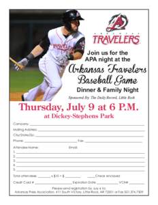 Join us for the APA night at the Arkansas Travelers Baseball Game Dinner & Family Night