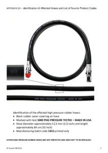 APPENDIX 2D – Identification of Affected Hoses and List of Suunto Product Codes  Identification of the affected high pressure rubber hoses:  Black rubber outer covering on hose  Marked with text 5000 PSIG PRESSUR