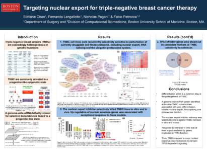 Targeting nuclear export for triple-negative breast cancer therapy Stefanie Chan1, Fernanda Langellotto1, Nicholas Pagani1 & Fabio Petrocca1,2 1Department of Surgery and 2Division of Computational Biomedicine, Boston Uni