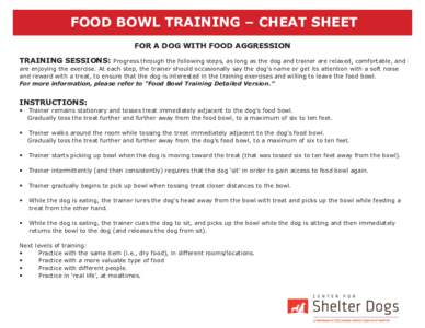 FOOD BOWL TRAINING – CHEAT SHEET FOR A DOG WITH FOOD AGGRESSION TRAINING SESSIONS: Progress through the following steps, as long as the dog and trainer are relaxed, comfortable, and are enjoying the exercise. At each s