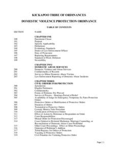 KICKAPOO TRIBE OF ORDINANCES DOMESTIC VIOLENCE PROTECTION ORDINANCE TABLE OF CONTENTS SECTION  NAME