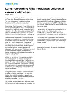 Long non-coding RNA modulates colorectal cancer metabolism