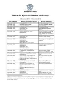 Ministerial Diary 1 Minister for Agriculture Fisheries and Forestry 1 December 2013 – 31 December 2013 Date of Meeting 2 December[removed]December 2013