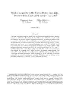 Wealth Inequality in the United States since 1913: Evidence from Capitalized Income Tax Data∗ Emmanuel Saez UC Berkeley  Gabriel Zucman