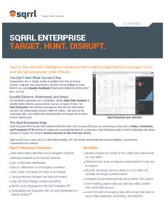 DATASHEET  SQRRL ENTERPRISE TARGET. HUNT. DISRUPT. Sqrrl is the security intelligence company that enables organizations to target, hunt, and disrupt advanced cyber threats.