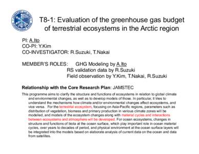 T8-1: Evaluation of the greenhouse gas budget of terrestrial ecosystems in the Arctic region	
 PI: A.Ito! CO-PI: Y.Kim! CO-INVESTIGATOR: R.Suzuki, T.Nakai! MEMBER’S ROLES: !GHG Modeling by A.Ito!
