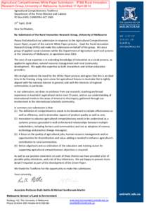 Agricultural Competitiveness White Paper Submission - IP368 Rural Innovation Research Group, University of Melbourne, Submitted 17 April 2014 Agricultural Competitiveness Taskforce Department of the Prime Minister and Ca