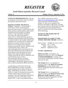 REGISTER South Dakota Legislative Research Council Volume 41 Monday, 8:00 a.m., September 8, 2014