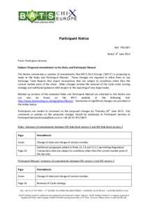 Participant Notice Ref: PN13/07 Dated: 6th June 2013 From: Participant Services Subject: Proposed amendments to the Rules and Participant Manual This Notice summarises a number of amendments that BATS Chi-X Europe (“BA