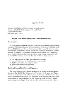 September 17, 2001  Members of the Health and Human Services Interim Committee Members of the Child Welfare Legislative Oversight Panel Utah State Capitol Bldg Salt Lake City UT 84114