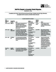 NAFTA Chapter 11 Investor-State Disputes to January 1, 2015 Compiled by Scott Sinclair, Trade and Investment Research Project, Canadian Centre for Policy Alternatives and updated with the assistance of Hadrian Mertins-Ki