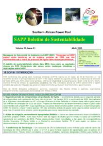 Southern African Power Pool  SAPP Boletim de Sustentabilidade Volume 21, Issue 21  Abril, 2013