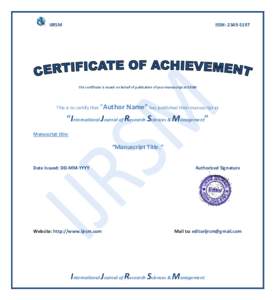 IJRSM  ISSN: This certificate is issued on behalf of publication of your manuscript at IJRSM