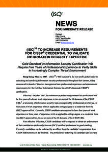 NEWS FOR IMMEDIATE RELEASE Contact: Kitty Chung 2 (ISC) Asia-Pacific