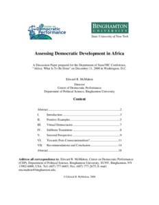 Assessing Democratic Development in Africa A Discussion Paper prepared for the Department of State/NIC Conference, “Africa: What Is To Be Done” on December 11, 2000 in Washington, D.C. Edward R. McMahon Director