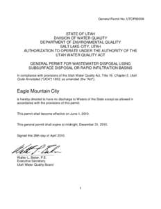 General Permit No. UTOP00308  STATE OF UTAH DIVISION OF WATER QUALITY DEPARTMENT OF ENVIRONMENTAL QUALITY SALT LAKE CITY, UTAH
