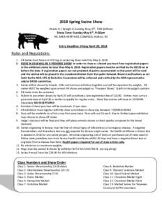 2018 Spring Swine Show Check-In / Weigh In Sunday May 6th, 7:00-8:00am Show Time: Sunday May 6th, 9:00am NE AREA HERITAGE COMPLEX, Holton, KS Entry Deadline: Friday April 20, 2018