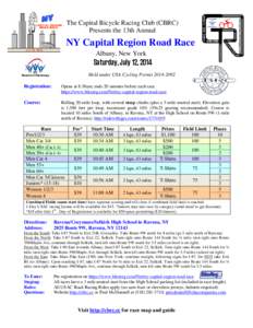 The Capital Bicycle Racing Club (CBRC) Presents the 13th Annual NY Capital Region Road Race Albany, New York