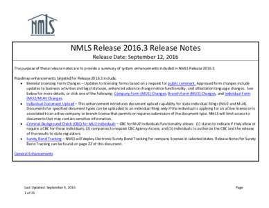 NMLS ReleaseRelease Notes Release Date: September 12, 2016 The purpose of these release notes are to provide a summary of system enhancements included in NMLS ReleaseRoadmap enhancements targeted for Rel