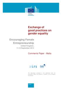Exchange of good practices on gender equality Encouraging Female Entrepreneurship United Kingdom,
