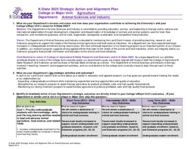 K-State 2025 Strategic Action and Alignment Plan College or Major Unit: Agriculture Department: Animal Sciences and Industry 1. What are your Department’s mission and vision and how does your organization contribute to