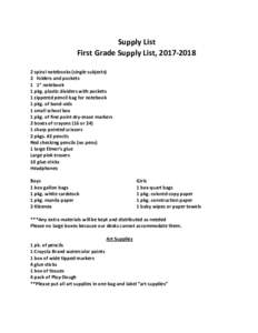 Supply List First Grade Supply List, spiral notebooks (single subjects) 2 folders and pockets 1 1” notebook 1 pkg. plastic dividers with pockets