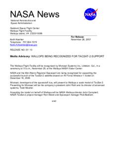 Microsoft Word - Media AdvisoryWallops Being Recognized for TacSat-2 Support _2_.doc