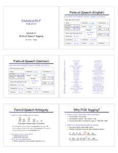 Parts-of-Speech (English) • One basic kind of linguistic structure: syntactic word classes Statistical NLP  Open class (lexical) words