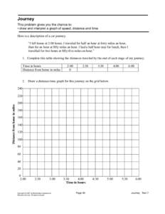Journey This problem gives you the chance to: • draw and interpret a graph of speed, distance and time Here is a description of a car journey. “I left home at 2:00 hours. I traveled for half an hour at forty miles an