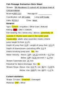 Fish Passage Evaluation Data Sheet Stream: Sfk Murderers Cr culvert #3 @ Upper limit of Critical Habitat Road #USFS 227  Passage ID: _______________
