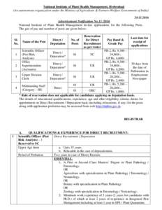 National Institute of Plant Health Management, Hyderabad (An autonomous organization under the Ministry of Agriculture & Farmers Welfare Government of IndiaAdvertisement Notification NoNational Ins