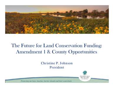 The Future for Land Conservation Funding: Amendment 1 & County Opportunities Christine P. Johnson President  Protecting our bays, beaches, barrier islands and their watersheds