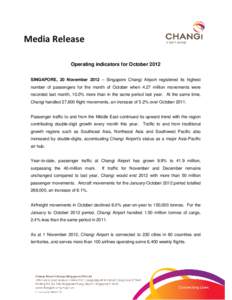Media Release Operating indicators for October 2012 SINGAPORE, 20 November 2012 – Singapore Changi Airport registered its highest number of passengers for the month of October when 4.27 million movements were recorded 