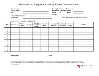 MidAmerican Energy Company Equipment/Service Request Customer Name: Mailing Address: City:  Existing Electric Service Size (amps)