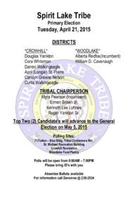 Spirit Lake Tribe Primary Election Tuesday, April 21, 2015 DISTRICTS *CROWHILL*