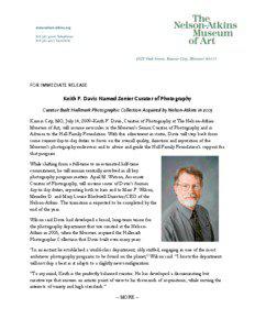 FOR IMMEDIATE RELEASE  Keith F. Davis Named Senior Curator of Photography